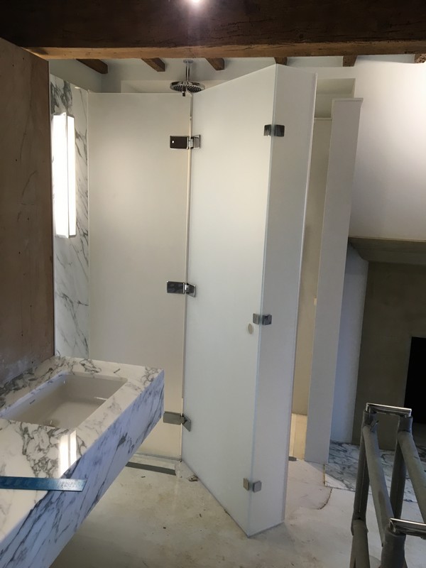 Bespoke frosted glass shower enclosure in Berkhamsted luxury bathroom